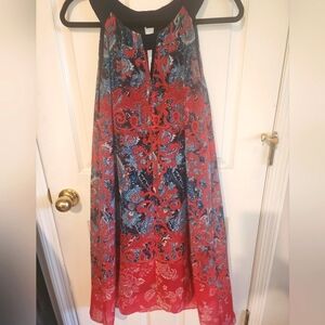2 summer dresses; 1-long red 16 bought up for chest room, 1-knee length blue 14